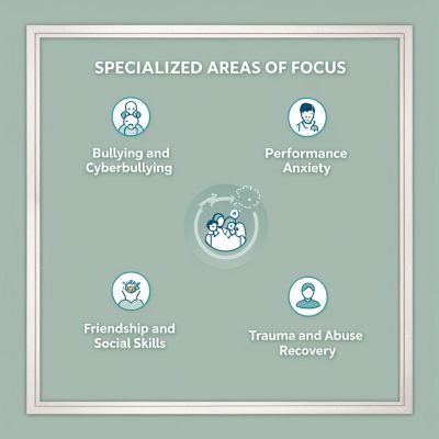 Specialized Areas of Focus ,Bullying and Cyberbullying ,Academic Performance Anxiety , Friendship and Social Skills , Trauma and Abuse Recovery